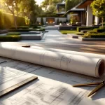 Architect's tekentafel met tuinontwerp blauwdrukken en professionele instrumenten, moderne tuin met geometrische hagen op achtergrond