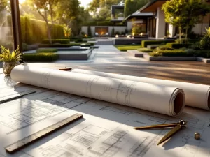 Architect's tekentafel met tuinontwerp blauwdrukken en professionele instrumenten, moderne tuin met geometrische hagen op achtergrond