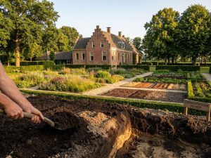 Nederlands landgoed met klassieke landhuis architectuur, tuinontwerp met geometrische paden en rijke grondlagen in gouden licht