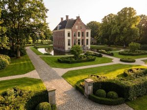 Elegant Nederlands landhuis met klassieke architectuur omgeven door professioneel ontworpen tuinpaden en weelderige tuinen