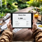 Professionele tuinman toont uurtarieven op tablet boven werkbank met tuingereedschap in weelderige tuin