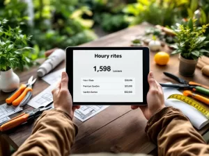 Professionele tuinman toont uurtarieven op tablet boven werkbank met tuingereedschap in weelderige tuin