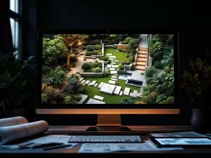 Computer monitor toont 3D tuinontwerp met geometrische paden en waterpartijen, omringd door tekengereedschap en blauwdrukken