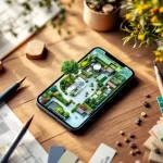 Smartphone met tuinontwerp-app op houten bureau naast blauwdrukken en tekengereedschap, bovenaanzicht