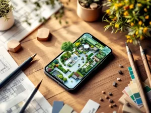 Smartphone met tuinontwerp-app op houten bureau naast blauwdrukken en tekengereedschap, bovenaanzicht