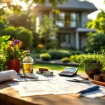 Calculator en belastingdocumenten op houten tuintafel in weelderig aangelegde tuin met moderne ontwerpelementen