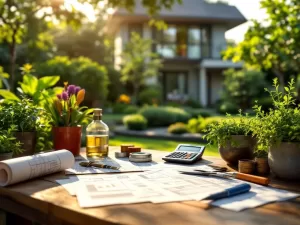 Calculator en belastingdocumenten op houten tuintafel in weelderig aangelegde tuin met moderne ontwerpelementen