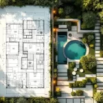 Luchtfoto van moderne tuinontwerp blauwdruk die overgaat in 3D landschap met geometrische paden en waterpartijen