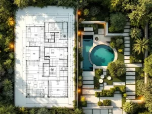 Luchtfoto van moderne tuinontwerp blauwdruk die overgaat in 3D landschap met geometrische paden en waterpartijen