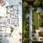 Tuinontwerp blauwdruk die overgaat in 3D gerealiseerde moderne tuin met geometrische paden en gestructureerde beplanting