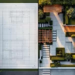 Tuinontwerp blauwdruk die overgaat in 3D visualisatie met geometrische paden, pergola en gemanicuurde hagen