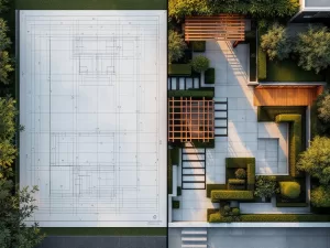 Tuinontwerp blauwdruk die overgaat in 3D visualisatie met geometrische paden, pergola en gemanicuurde hagen