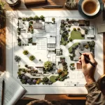 Tuinontwerp blauwdrukken op houten tafel met plantenschetsen, 3D visualisaties en professionele tekengereedschappen