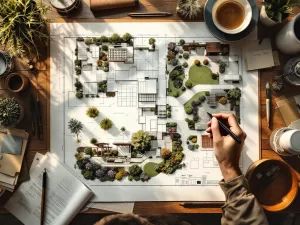 Tuinontwerp blauwdrukken op houten tafel met plantenschetsen, 3D visualisaties en professionele tekengereedschappen