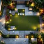 Luchtfoto van moderne tuin met geometrische patronen, kleurrijke bloembedden en euro bankbiljetten die investeringskosten symboliseren