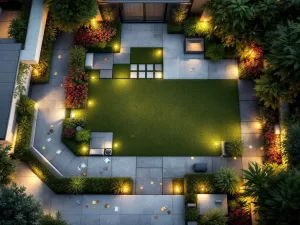 Luchtfoto van moderne tuin met geometrische patronen, kleurrijke bloembedden en euro bankbiljetten die investeringskosten symboliseren