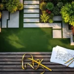 Luchtfoto van moderne tuinontwerp met geometrische gazons, stenen paden en landschapsarchitectuur gereedschap op voorgrond