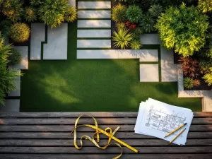 Luchtfoto van moderne tuinontwerp met geometrische gazons, stenen paden en landschapsarchitectuur gereedschap op voorgrond