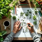 Handen schetsen tuinontwerp op tekenpapier met landschapsarchitectuur gereedschap en plantmonsters op bureau