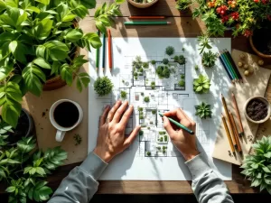 Handen schetsen tuinontwerp op tekenpapier met landschapsarchitectuur gereedschap en plantmonsters op bureau