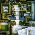 Luchtfoto van moderne tuinontwerp met geometrische patronen, waterpartijen, stenen paden en landschapsarchitectuur gereedschap