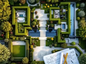 Luchtfoto van moderne tuinontwerp met geometrische patronen, waterpartijen, stenen paden en landschapsarchitectuur gereedschap