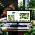 Split-screen werkruimte met traditionele tekengereedschappen links en moderne tuinontwerp CAD-software op laptop rechts