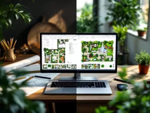Split-screen werkruimte met traditionele tekengereedschappen links en moderne tuinontwerp CAD-software op laptop rechts
