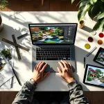 Bovenaanzicht van moderne tuinontwerper werkplek met laptop met 3D tuinontwerp software, tekengereedschap en blauwdrukken