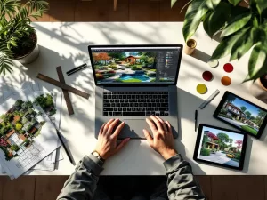 Bovenaanzicht van moderne tuinontwerper werkplek met laptop met 3D tuinontwerp software, tekengereedschap en blauwdrukken