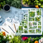 Split-screen vergelijking van traditionele tuinontwerpen met potloden en schetsen naast moderne tablet met digitale plattegrond