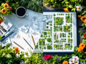 Split-screen vergelijking van traditionele tuinontwerpen met potloden en schetsen naast moderne tablet met digitale plattegrond