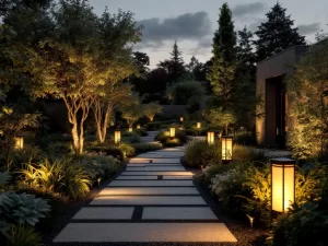 Elegant tuinverlichting met LED-spots langs verlichte paden door moderne Nederlandse tuin tijdens gouden uur