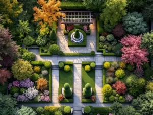 Luchtfoto van vier-seizoenen tuin met lente bloemen, zomer pergola, herfst bladeren en winter coniferen in zonlicht